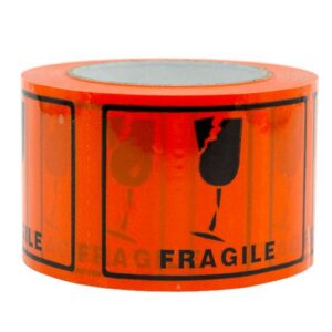 Label - PVC-FRAGILE Black on Fluro Orange 75mmx100mmx50m 500/rl 24rl/ctn