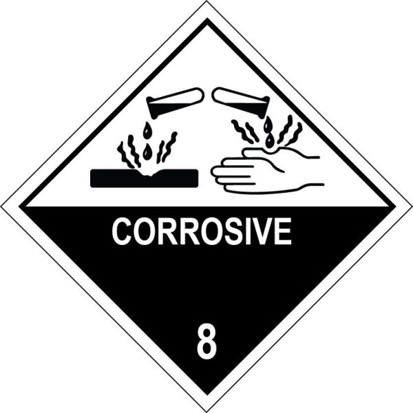Label - Corrosive 8  Black/White 100mmx100mmx50m 38mm core 500/roll