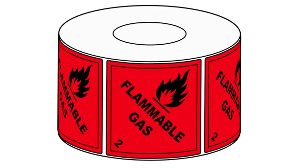 Dangerous Goods Label - Flammable Gas 2 Red - 100mmx100mm 76mm core 500/roll/ 15/ctn