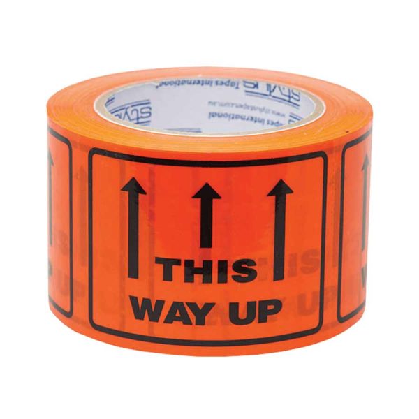 Label - This Way Up Black on Fluro Orange 75mmx100mmx50m 500/roll