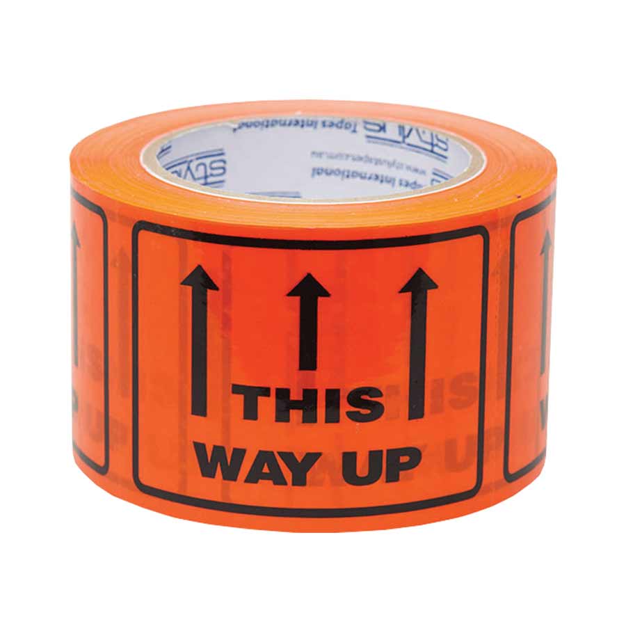 Label - This Way Up Black on Fluro Orange 75mmx100mmx50m 500/roll