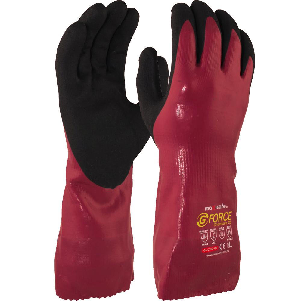87b07e8c44ec5e956d957a975dc4df3e827bd6bea30e360a7e2a323f85c3330f G FORCE CHEMSAFE CUT 5 Glove 30cm Double dip. nitrile XXXL