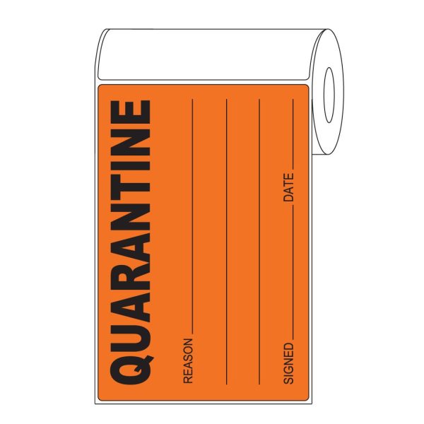 Label - QUARANTINE Fluro Orange 75mmx135mm 76mm Core 500/rl
